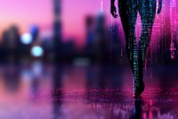 Digital silhouette with binary code stream on purple and pink cyberpunk background with city skyline bokeh, representing artificial intelligence and machine learning.