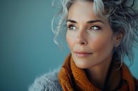 Mature Caucasian woman with silver gray hair and natural makeup wearing orange knit scarf looking away thoughtfully against turquoise background. Aging gracefully concept.