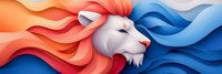 Majestic lion head with flowing mane in vibrant red orange and blue gradient waves. Modern artistic design perfect for logos branding and creative projects.