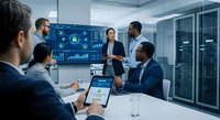Professional business team analyzing cybersecurity data on digital dashboard in modern conference room with server infrastructure background.