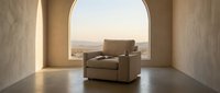 Minimalist interior with beige armchair positioned in modern archway overlooking expansive cityscape at golden hour, featuring concrete flooring and neutral walls for contemporary home decor and design inspiration.