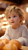 Young child with bright blue eyes wearing cozy cream sweater gazes upward with wonder, warm bokeh lights and fresh baked rolls create magical holiday atmosphere.