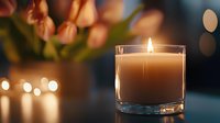 Glowing aromatic candle in glass holder with soft bokeh lights and pink flowers creating cozy atmosphere for relaxation, meditation and spa treatments.