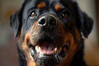 Close-up portrait of smiling Rottweiler dog showing teeth and tongue, with warm brown eyes and black and tan markings against blurred background.