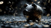 Metallic piggy bank surrounded by falling coins on dark surface with dramatic lighting and golden bokeh effects for financial savings concept.