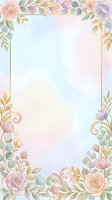 Watercolor floral border with gold frame on pastel background, roses and leaves in soft pink and blue tones for wedding or greeting card.