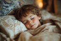 Peaceful sleeping Caucasian child with gentle smile resting in cozy bed with patterned pillowcase, warm ambient lighting creates dreamy atmosphere for childhood bedtime.