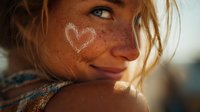 Young woman with freckles and heart-shaped glitter on cheek smiling in warm sunlight, creating a joyful summer atmosphere.