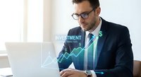 Professional businessman with glasses analyzing financial data on laptop with digital investment growth chart overlay in modern office environment.
