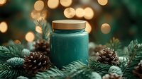 Green glass jar surrounded by pine branches and pinecones with warm bokeh lights creating magical winter holiday atmosphere.