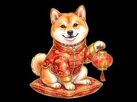 Shiba Inu dog wearing red and gold traditional Asian clothing, holding decorative lantern, sitting on ornamental mat, isolated on transparent background, ready for t-shirt design, stickers, and print-on-demand products.