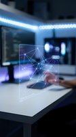 Futuristic holographic network display with glowing connections floating above modern desk in high-tech office environment for digital transformation concepts.