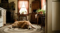 Golden retriever dog resting on braided rug in cozy farmhouse kitchen with wooden furniture and checkered curtains for home lifestyle content.