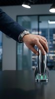Businessman hand pressing modern wireless charging device in contemporary office environment for mobile technology and workplace innovation.