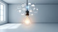 Glowing light bulb with digital technology icons in modern office interior representing innovation, smart solutions and creative business ideas.