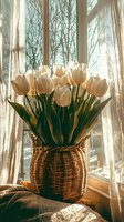 White tulips in wicker basket by window with sheer curtains, sunlight streaming through creating warm atmospheric mood, cozy spring home interior setting.