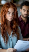 Young Caucasian businesswoman with long red hair reviewing documents in modern office with male colleague in background for corporate presentations.