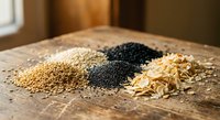 Assorted organic seeds and grains arranged on rustic wooden surface for healthy cooking and nutrition concepts in natural kitchen setting.