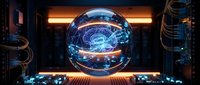 Futuristic holographic brain display in transparent sphere surrounded by advanced technology and glowing circuits in dark laboratory setting.