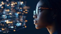 Young African American woman in glasses looking at futuristic digital interface with glowing data elements and bokeh lights against dark background.