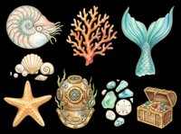 Watercolor ocean clipart set with nautilus shell, coral, mermaid tail, starfish, diving helmet, sea glass, and treasure chest, isolated on transparent background for stickers and print on demand.