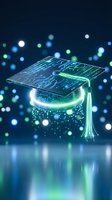 Digital graduation cap with circuit board pattern and glowing green lights on dark blue background with bokeh effects for education technology concepts.
