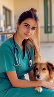 Young female veterinarian in green scrubs with stethoscope holding brown dog at animal clinic for pet healthcare and medical treatment services.