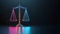 Glowing neon scales of justice on dark background with pink and blue gradient lighting effect creating dramatic legal concept atmosphere.