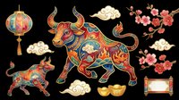 Colorful ox and rat with ornamental clouds, lantern, and cherry blossoms isolated on transparent background. Ready for t-shirt design, clipart, stickers, sublimation, and print-on-demand projects.
