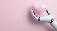 Robotic hand holding pink heart on pastel background, artificial intelligence and emotional connection concept for healthcare and technology innovation.