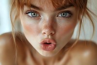Close up portrait of young woman with natural freckles, bright blue eyes, and ginger hair looking directly at camera with sensual expression and bare shoulders.