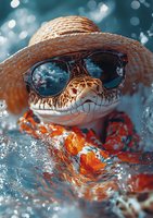 Playful corn snake wearing sunglasses and straw hat against turquoise bokeh background with orange autumn leaves and water splashes, creating whimsical mood.