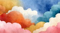Watercolor sky with fluffy clouds in vibrant orange, blue, pink and yellow hues. Dreamy cloudscape painting for artistic projects and creative designs.