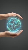 Hands holding glowing digital brain with circuit patterns and data analytics interface, representing artificial intelligence, technology innovation, and futuristic computing solutions.
