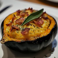 Baked acorn squash filled with creamy mashed potatoes, topped with crispy bacon bits and fresh sage leaf, garnished with herbs and seasonings on white plate.