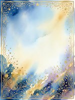 Watercolor gradient background with ornate gold filigree border, blue and gold swirls, stars, and splashes. Isolated on white, ready for invitations, cards, posters, and design projects.