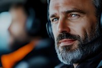 Mature bearded man with gray hair wearing headphones smiles confidently while listening to music or podcast. Close up portrait in natural lighting.