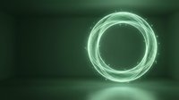 Glowing neon circle on dark green wall in modern interior space, suitable for tech, gaming, and contemporary design projects.
