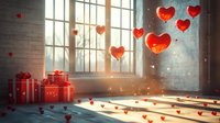 Red heart-shaped balloons floating near sunlit window with gift boxes on wooden floor, romantic atmosphere created by warm light and magical sparkles in empty room.