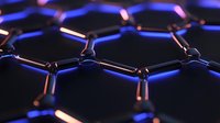Glowing hexagonal molecular structure with blue and orange neon highlights on dark background illustrates scientific concept of nanotechnology and carbon compounds.