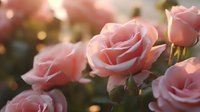 Delicate pink roses bloom in soft evening light, creating romantic atmosphere with gentle bokeh effect and dreamy pastel tones. Elegant floral composition for wedding designs.