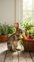 Adorable brown rabbit sitting beside wicker basket filled with fresh carrots and vegetables on rustic wooden table near window with herbs for Easter decor.