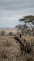 Spotted hyena snarling with open mouth showing teeth in African savanna grassland with acacia trees under cloudy sky displaying aggressive territorial behavior.