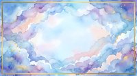 Watercolor cloud frame with pastel purple, blue and pink hues creating dreamy border on white background for greeting cards and invitations.