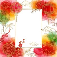 Traditional Chinese New Year frame with red lanterns, plum blossoms and bamboo on watercolor background for festive greeting cards and celebrations.