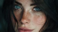 Young Caucasian woman with striking blue eyes and natural freckles, close-up portrait with soft lighting for beauty and skincare campaigns.