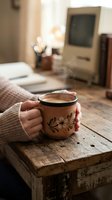 Woman hands holding ceramic coffee mug with floral pattern on rustic wooden table in cozy living room with fireplace creating warm homey atmosphere.