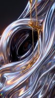 Abstract liquid metal chrome surface with golden honey dripping creating flowing organic shapes and reflective patterns on dark background.