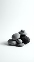 Stacked smooth stones arranged in balanced piles on white background, isolated for wellness, spa, meditation and zen design projects.