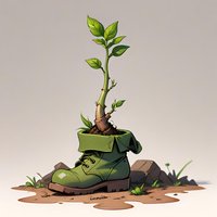 Young green plant growing from old military boot with soil and rocks, symbolizing new life, hope and environmental renewal. Artistic fantasy illustration.